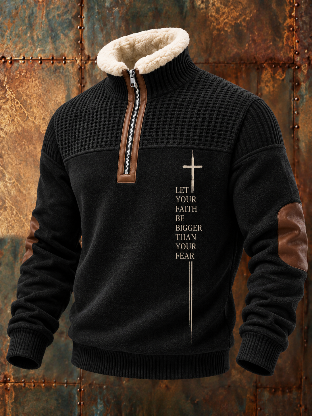 Men's Faith Art Zipper Fur Collar Long Sleeve Sweatshirt